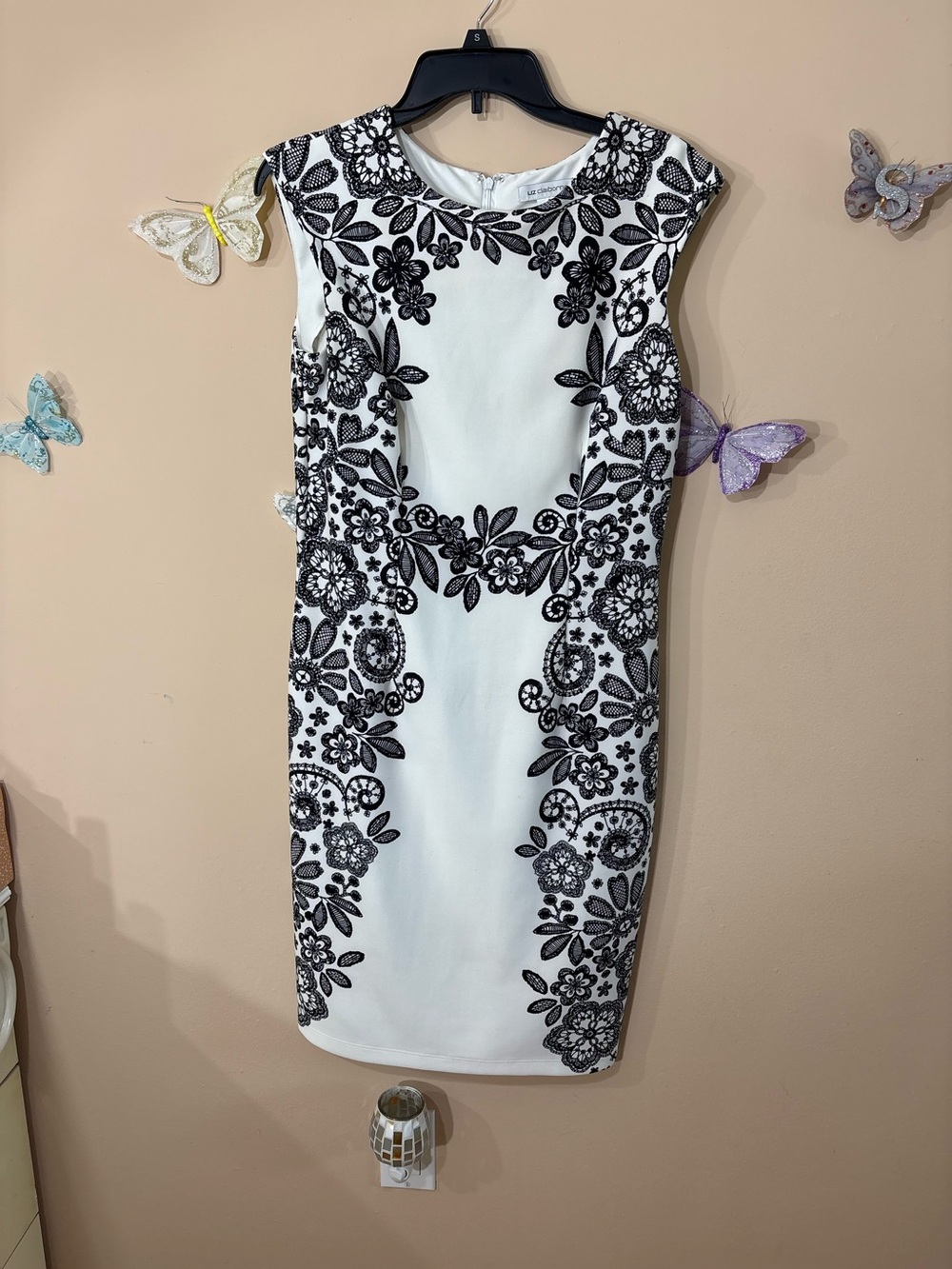Liz Claiborne White Midi Dress with Black Floral Embroidery
